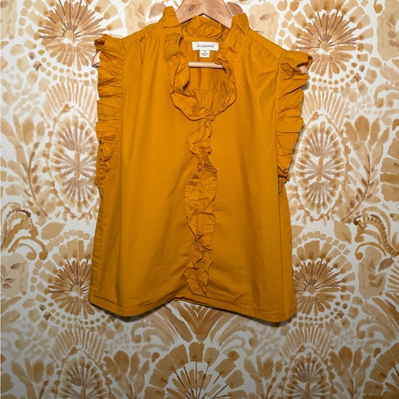 Caligraphy Tops - Calligraphy Ruffle-Trim Sleeveless Top in Mustard Yellow M